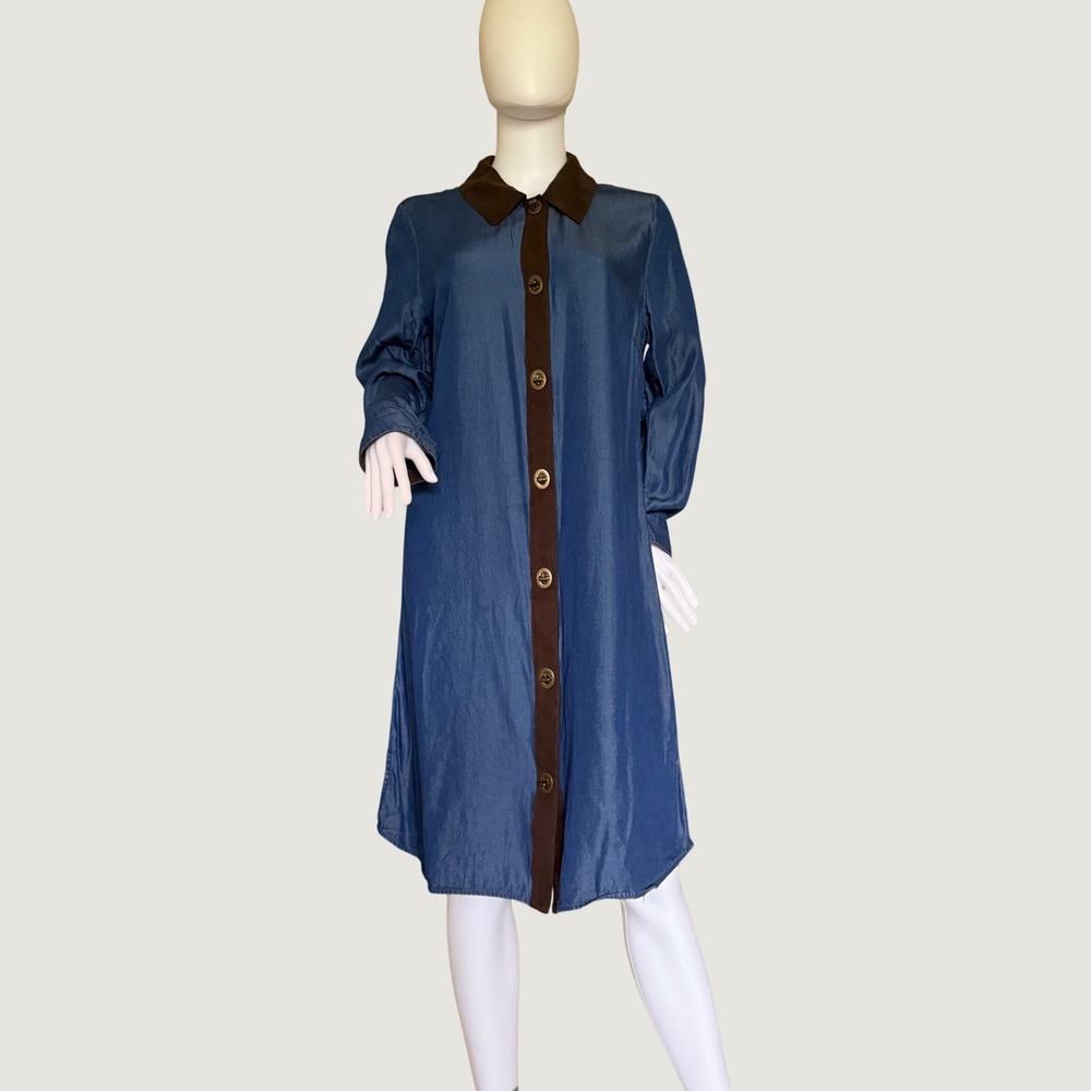 Soft Surroundings Blue Tencel Shirt Dress Brown Faux Suede Trim Turn-Lock M